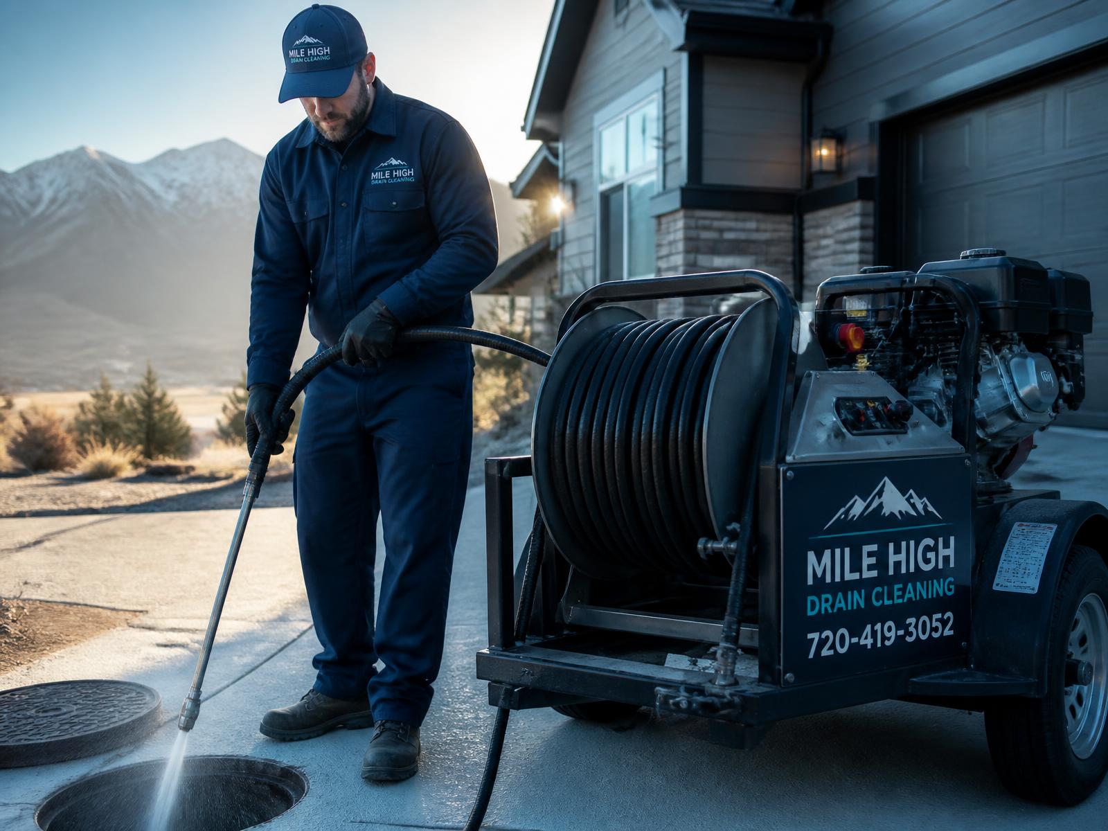 Drain cleaning technician hydro jetting a sewer cleanout outside a Denver home